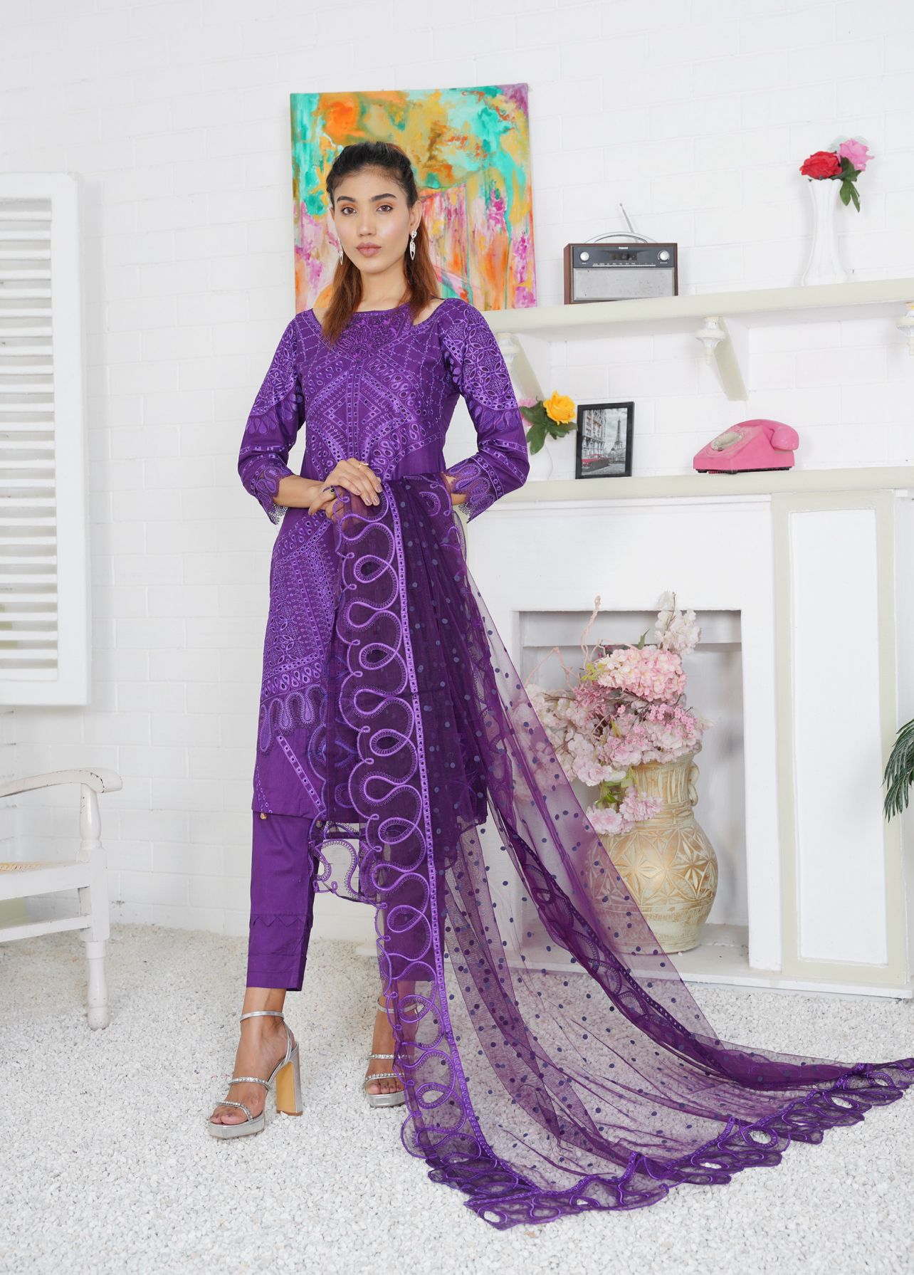 Premium Lawn 3 Piece Outfit With Printed Embroidered Net Dupatta Purple D-2b