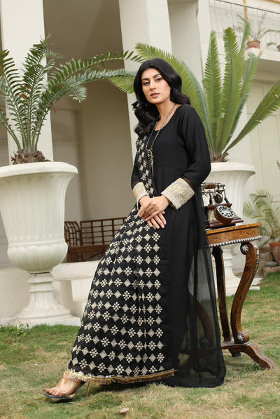 3 Pc Plain Chiffon Maxi dress With Embroidered Chiffon Dupatta BLACK TAS-4476