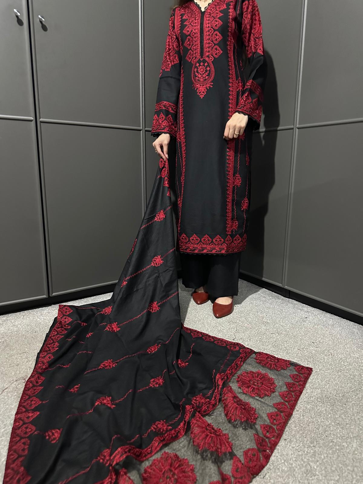 3 PIECE EMBROIDERED| DHANAK READY TO WEAR | SUIT WITH EMBROIDERED SHAWAL