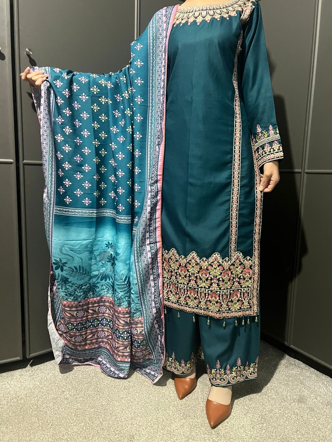 3 Pc Embroidered Dhanak Readymade Plazzo Suit with Winter shawl