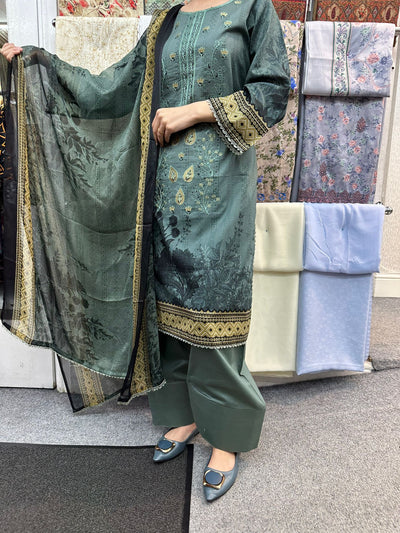 DESIGNER EMBROIDERED  FARSHI SALWAR  3PC READYMADE SUIT  WITH CHIFFON DUPTTA
