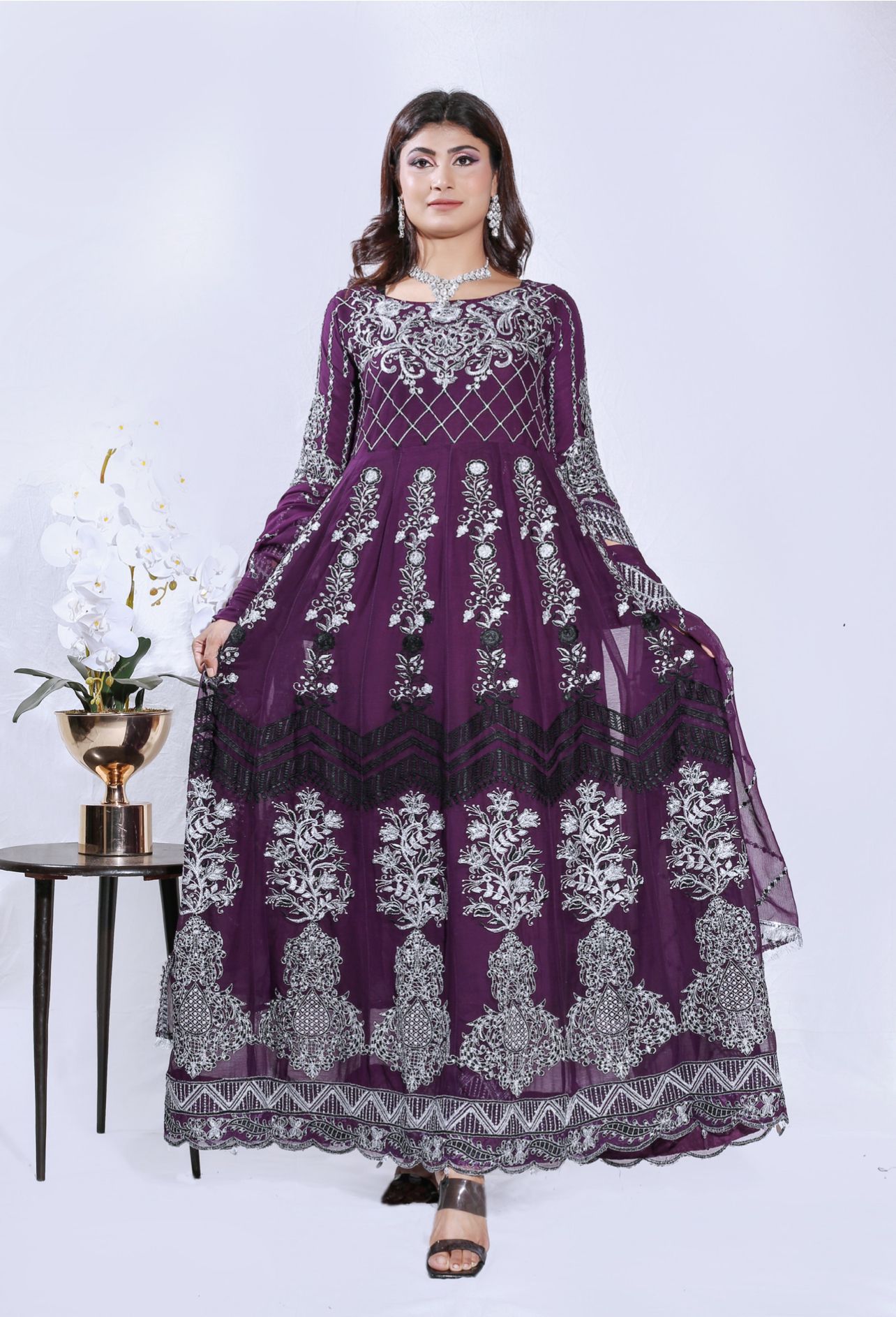 Mother & Daughter Ready to Wear Chiffon Maxi Dress PLUM D-207 | Shop Pakistani Dresses