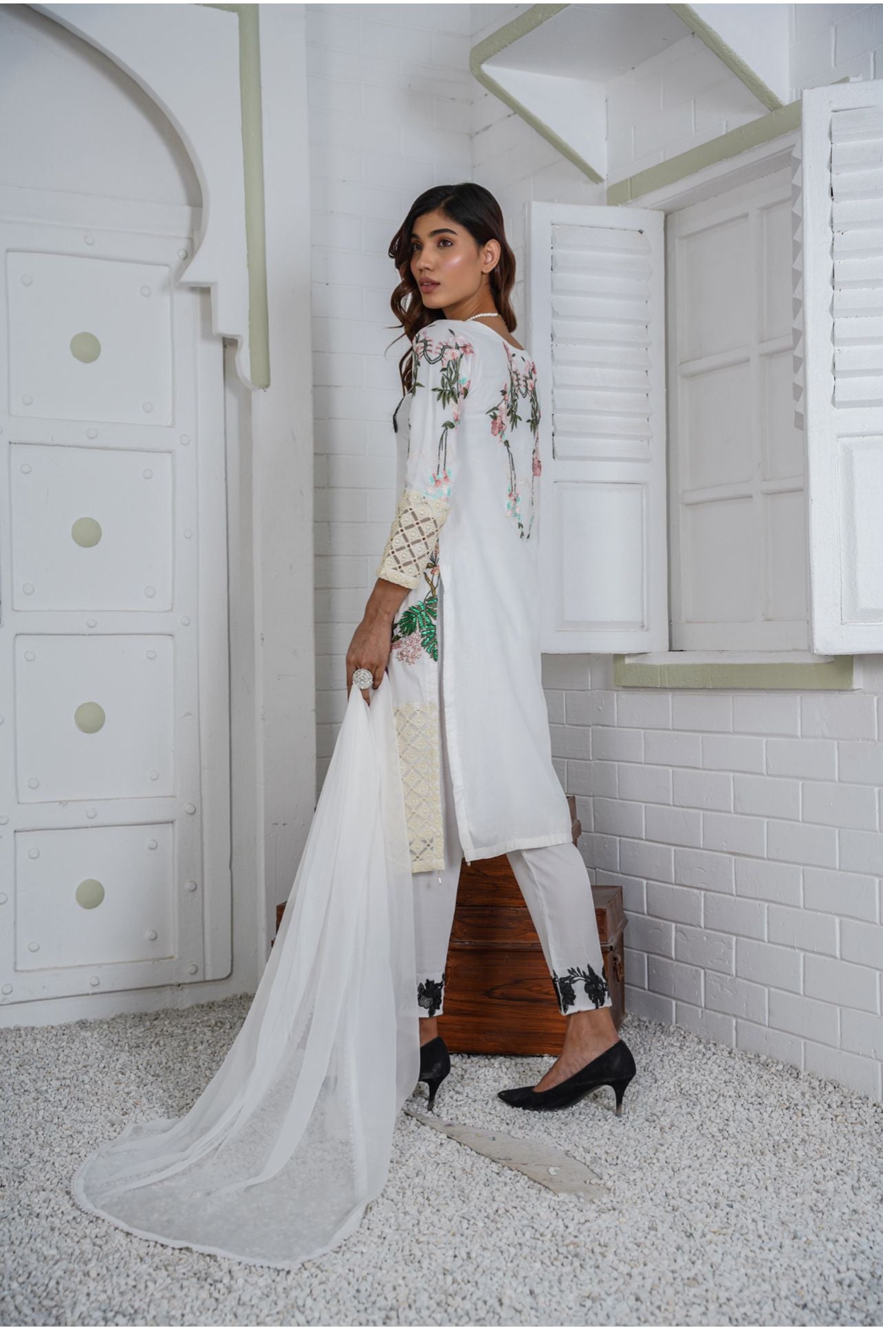 Premium Lawn 3 Piece Outfit With  Chiffon Dupatta White D-4111