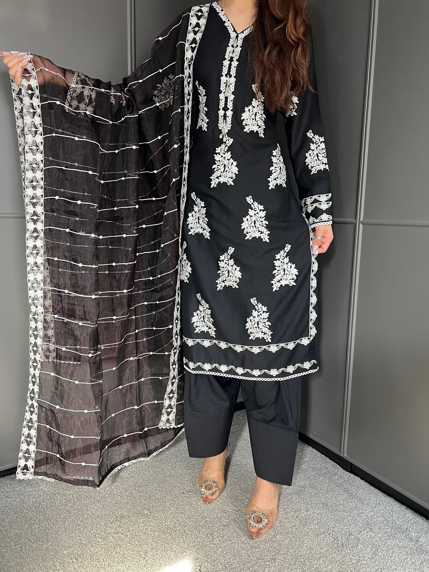 Black- FARSHI SHALWAR|Embroidered Linen 3 Piece |Outfit for Women - Asian Clothing