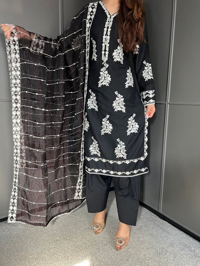 Black- FARSHI SHALWAR|Embroidered Linen 3 Piece |Outfit for Women - Asian Clothing