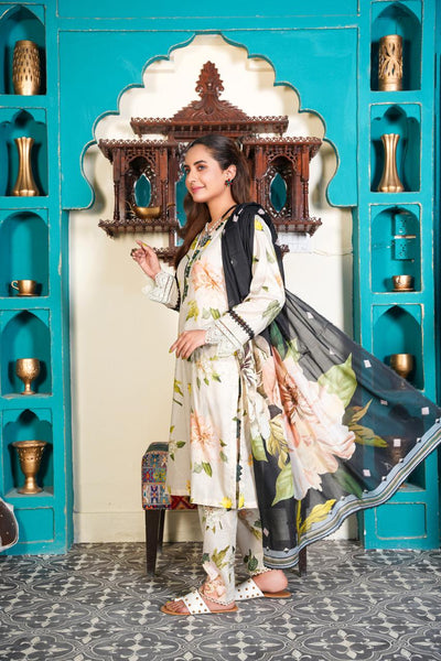 3 Pc Floral Printed Designer Lawn Suit With Lawn Dupatta  IJ-7