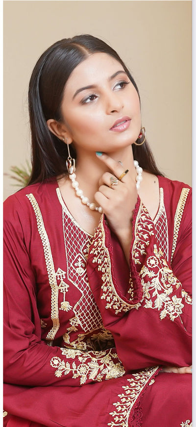 Embroidered  Linen Suit with Chiffon Dupatta - 3 Piece Set