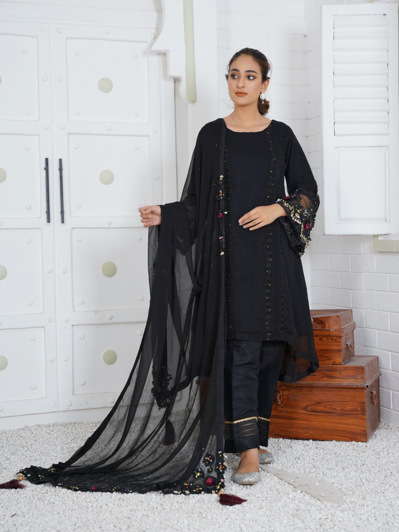 Chiffon Modern Styled Black Tail Frock D-77