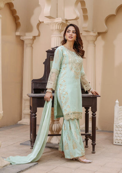 Embroidered Linen Sharara Suit With Chiffon Dupatta Pista D-182