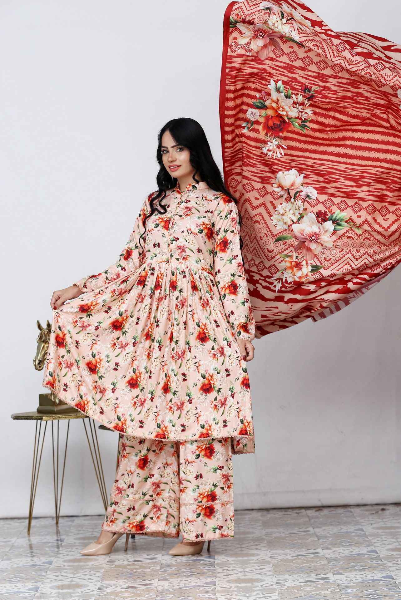 3 Pc Floral Printed Winter Linen Frock With Linen Dupatta D-703