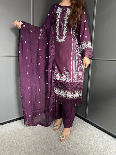 Plum - Viscose Embroidered Plazzo | Suit With Embroidered | Chiffon Dupatta