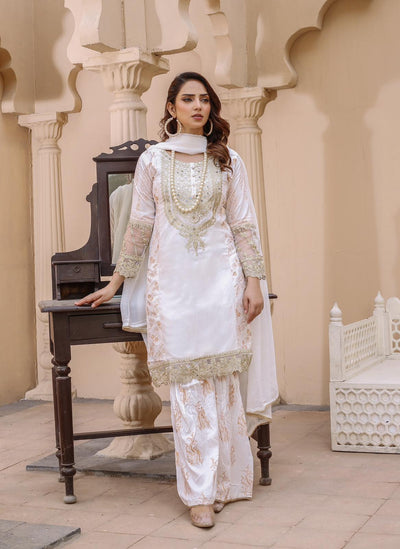 Embroidered Linen Sharara Suit With Chiffon Dupatta White D-180