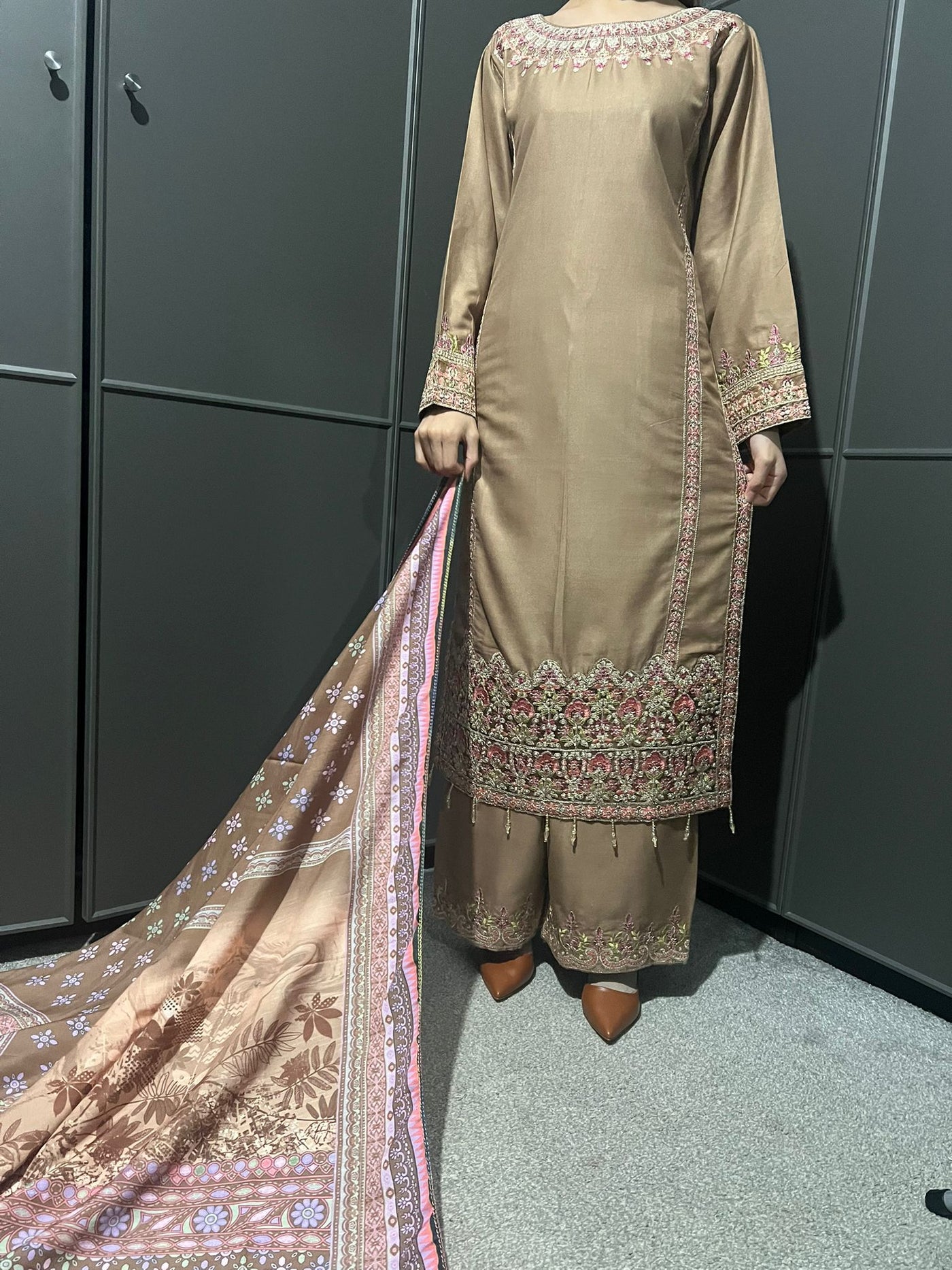 3 Pc Embroidered Dhanak Readymade Plazzo Suit with Winter shawl