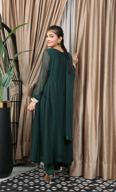 Green Readymade 3 Piece Plain Chiffon Maxi TS-821