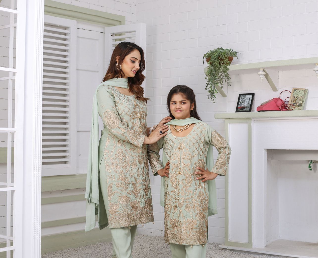 Embroidered Readymade Linen Mother & Daughter Suit Pista TS-214 | Shop Pakistani Dresses