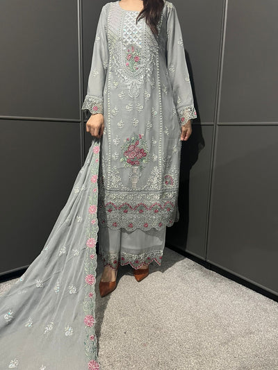 3Pc Plazzo Embroidered Chiffon Collection With Embroidered Chiffon Dupatta