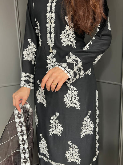 Black- FARSHI SHALWAR|Embroidered Linen 3 Piece |Outfit for Women - Asian Clothing