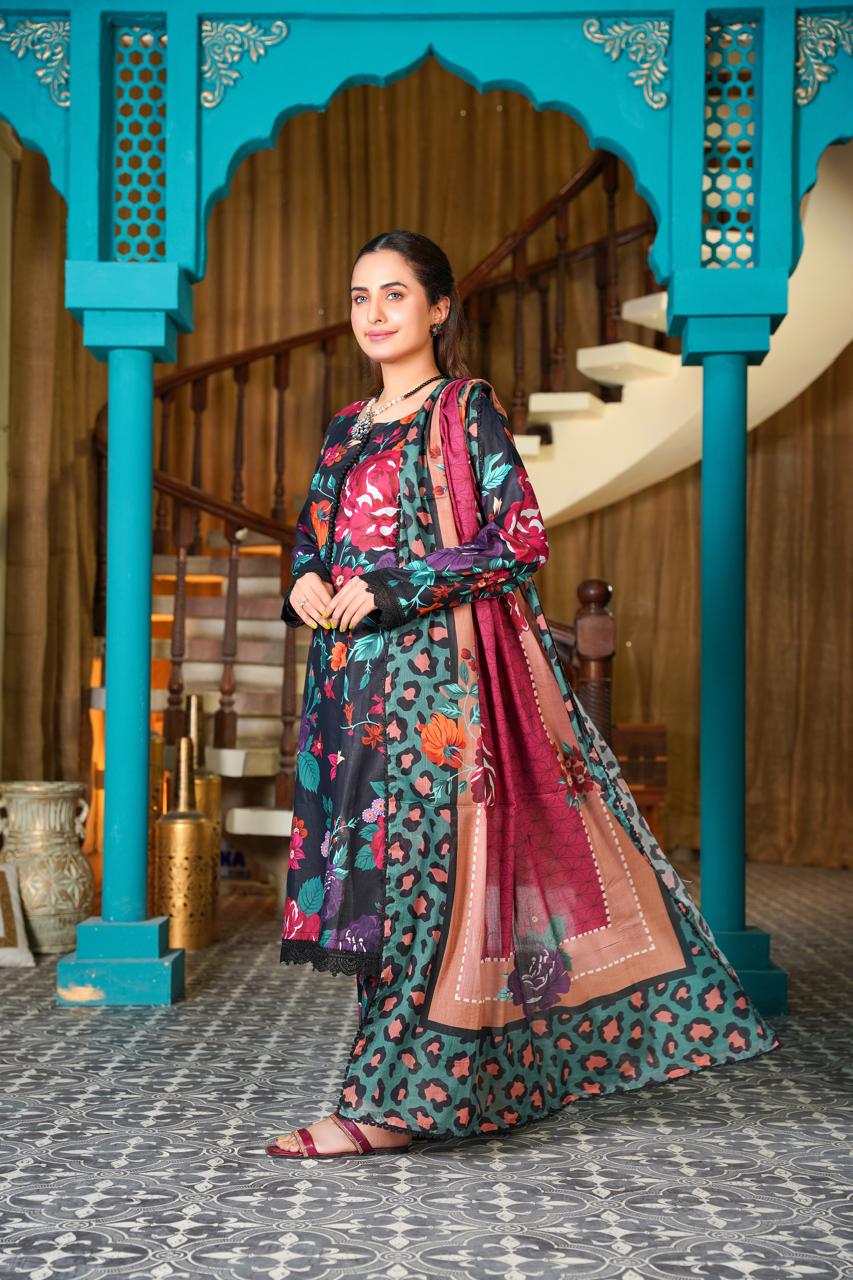 3 Pc Floral Printed Designer Lawn Suit With Lawn Dupatta  IJ-9