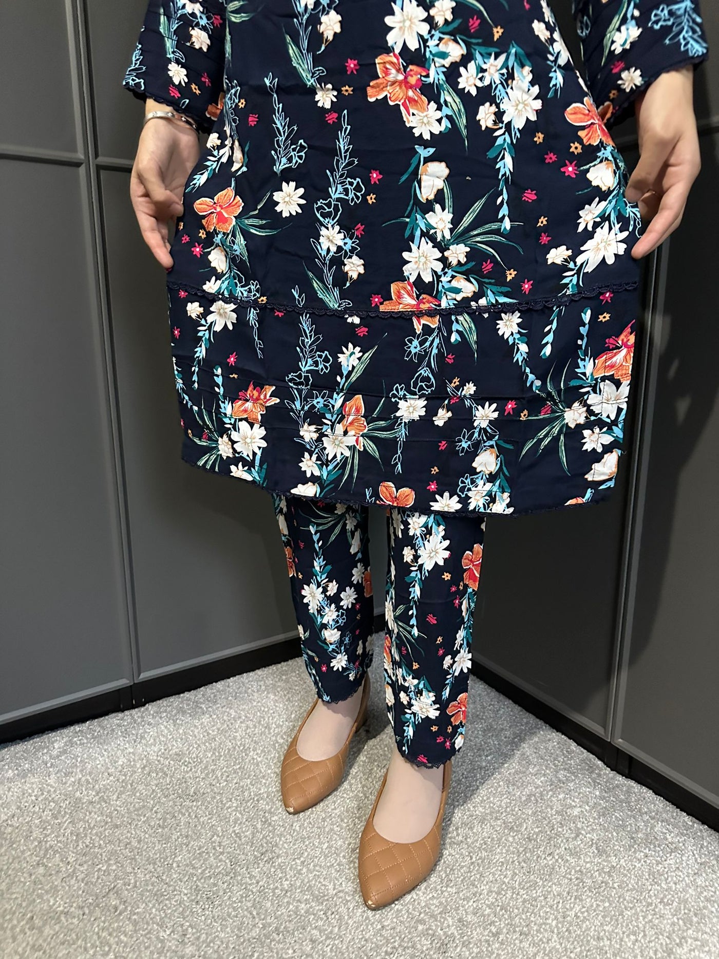 Floral Printed Stone Linen Suit - Trouser 2 Pc Set