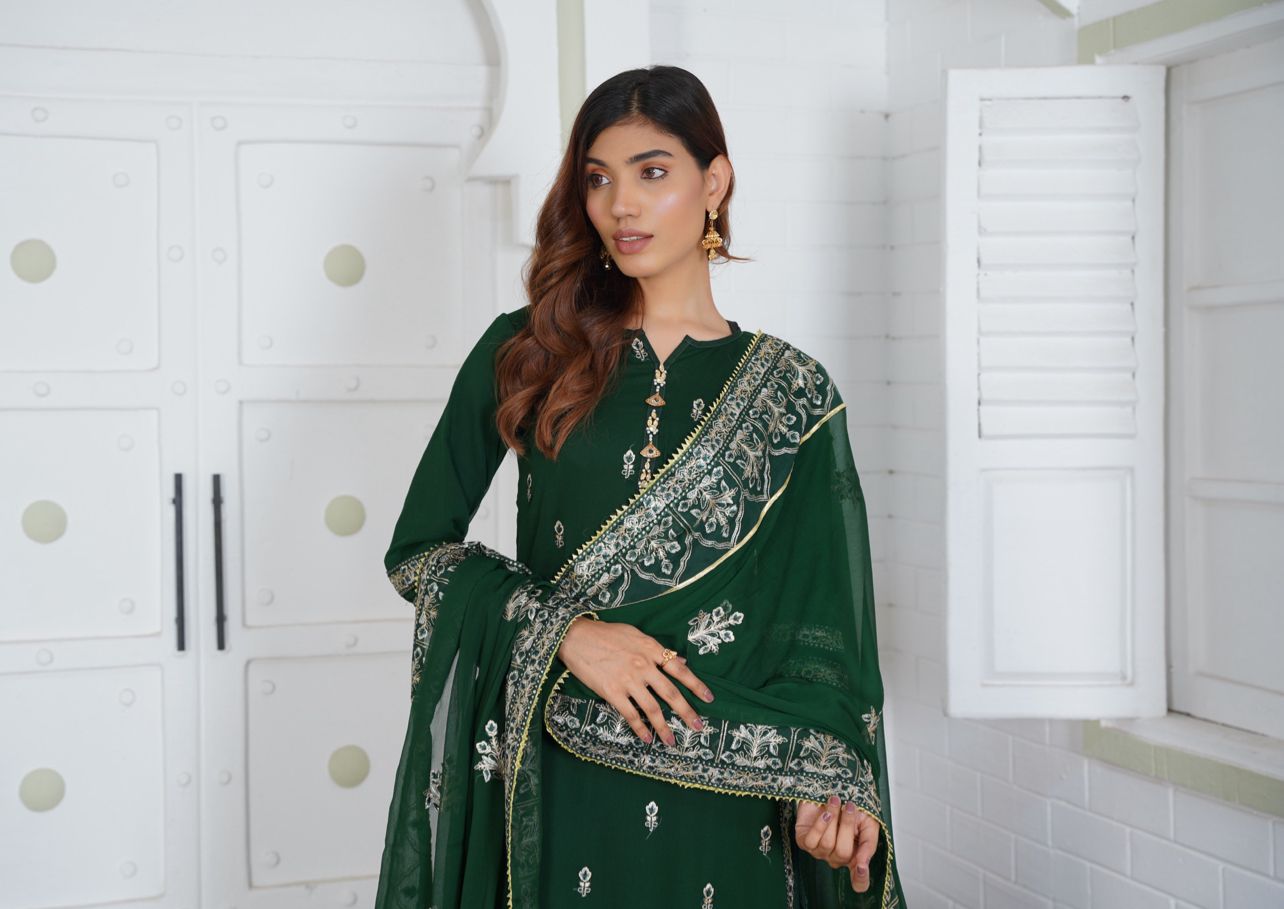 Readymade Chiffon Plazzo Suit With Embroidered Chiffon Dupatta GREEN D-79