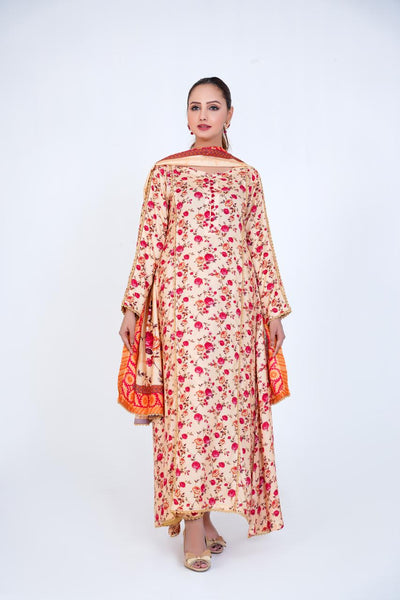 3 Pc Floral Printed Winter Linen Frock With Linen Dupatta D-309