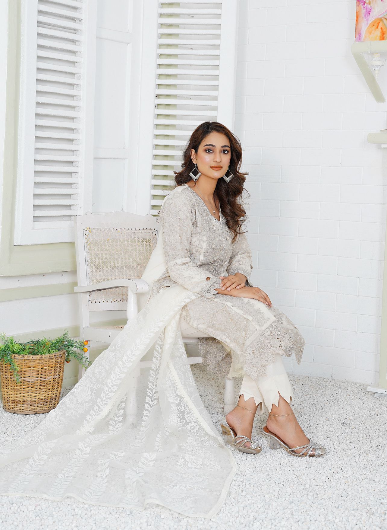 Premium Lawn 3 Piece Outfit With Printed Organza Dupatta Off-White D-9A