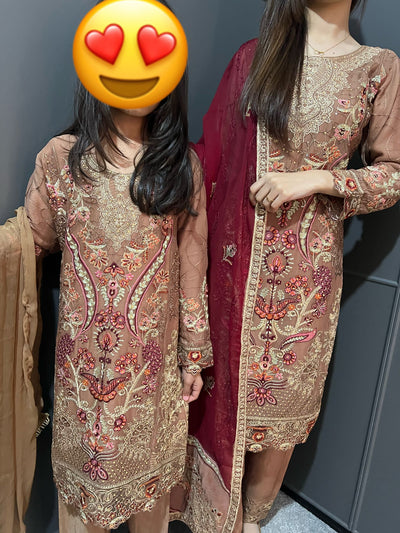 Brown Embroidered Chiffon Mother & Daughter Ready to Wear Collection - Perfect for Family Outfits