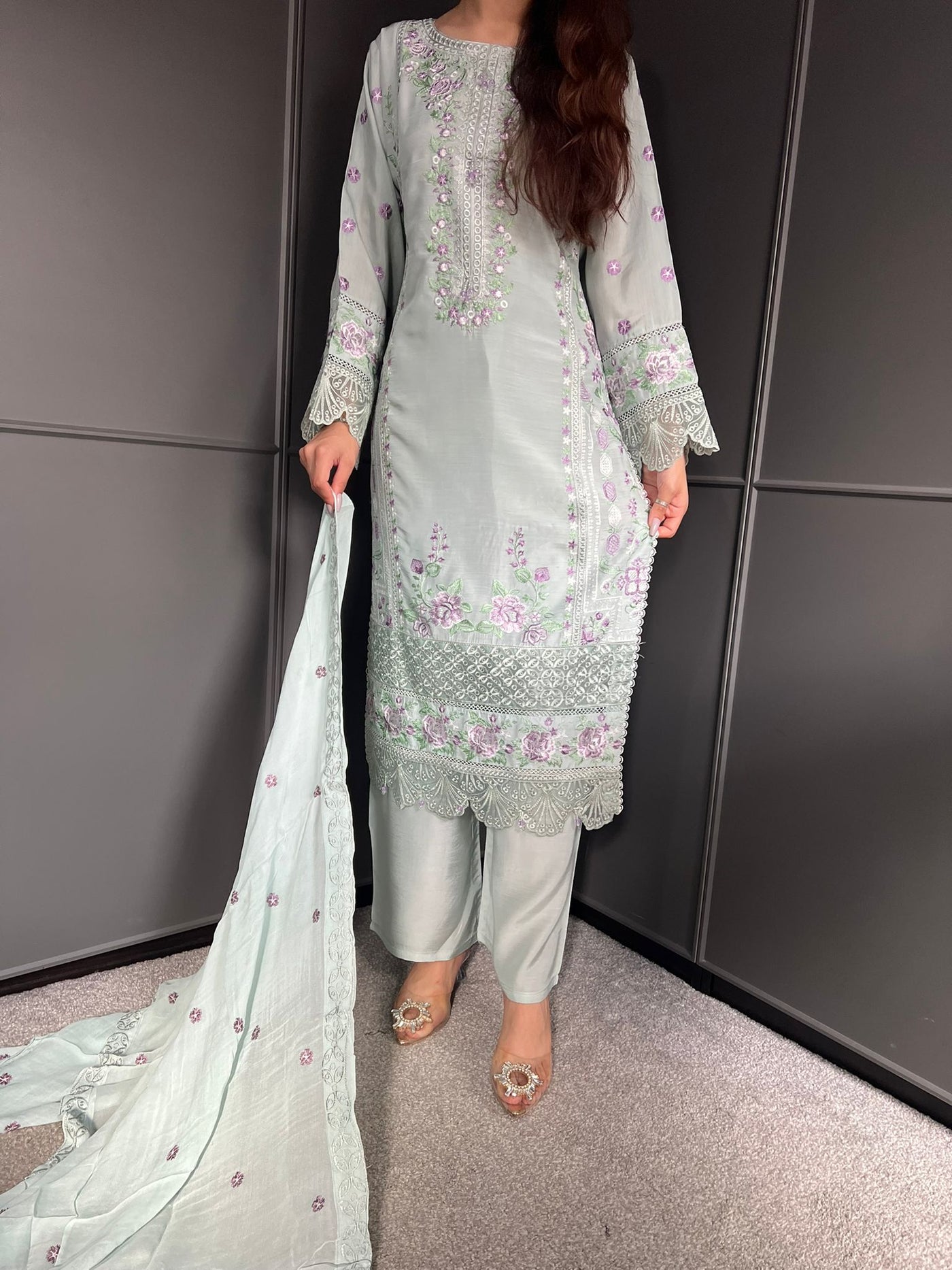 Mint  - Viscose Embroidered Plazzo | Suit With Embroidered | Chiffon Dupatta
