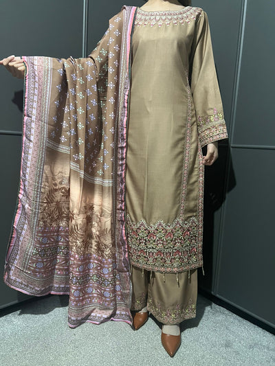 3 Pc Embroidered Dhanak Readymade Plazzo Suit with Winter shawl