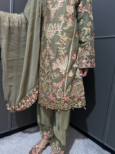 Olive Embroidered Chiffon Mother & Daughter Ready to Wear Collection - Perfect for Family Outfits