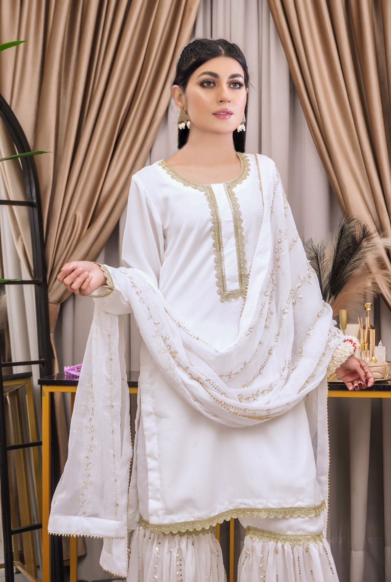 Mahham Luxury Chiffon Gharara Collection White  D-24