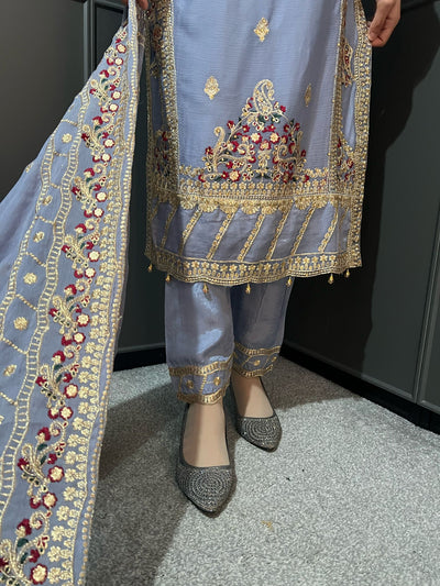 Gray Embroidered Chiffon Mother & Daughter Ready to Wear Collection - Perfect for Family Outfits