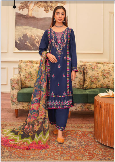 D-1 Embroidered Stone Linen Suit with Chiffon Dupatta - 3 Piece Set