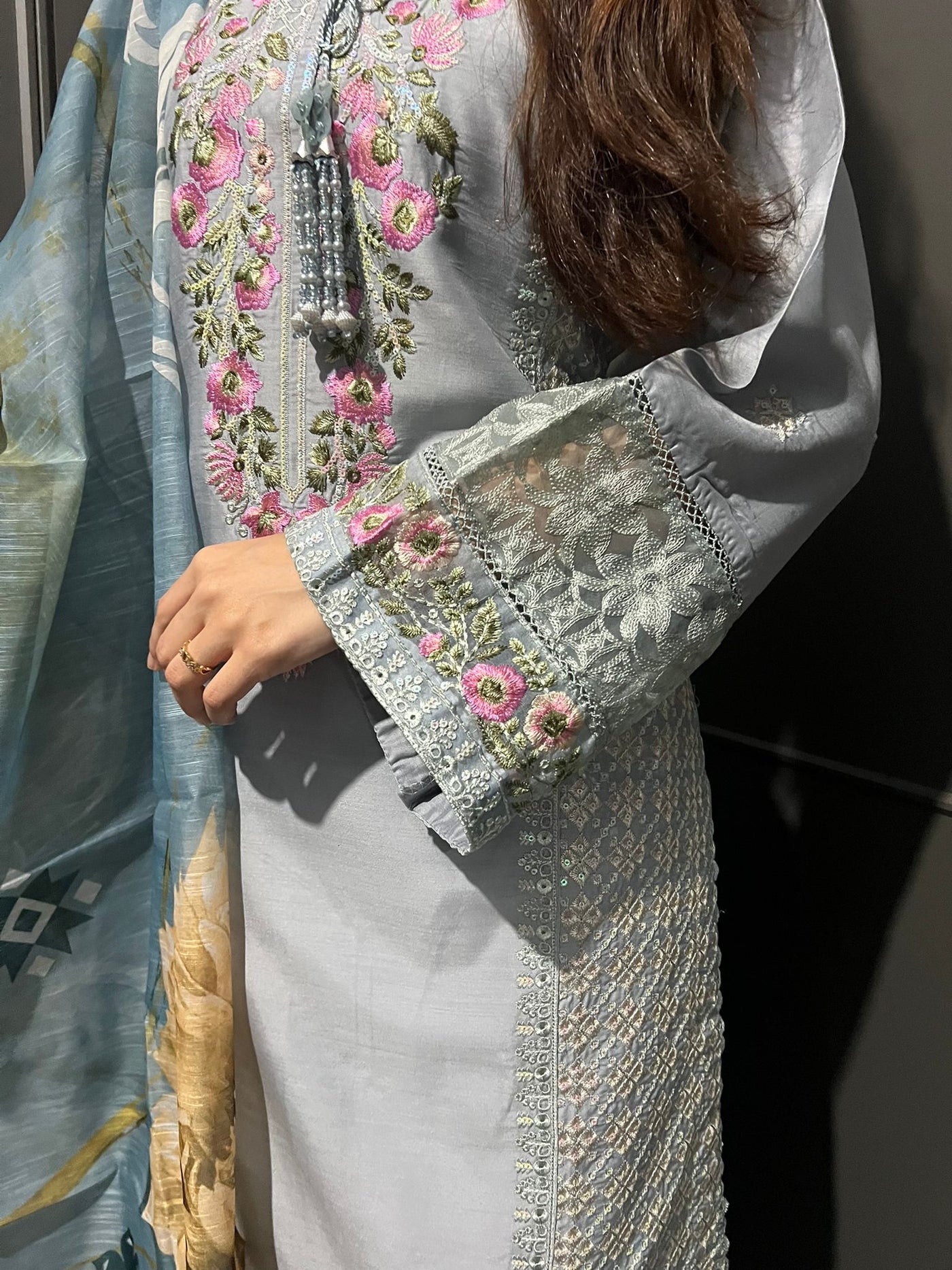 Gray - Viscose Embroidered Plazzo | Suit With Embroidered | Organza Dupatta
