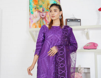 Premium Lawn 3 Piece Outfit With Printed Embroidered Net Dupatta Purple D-2b