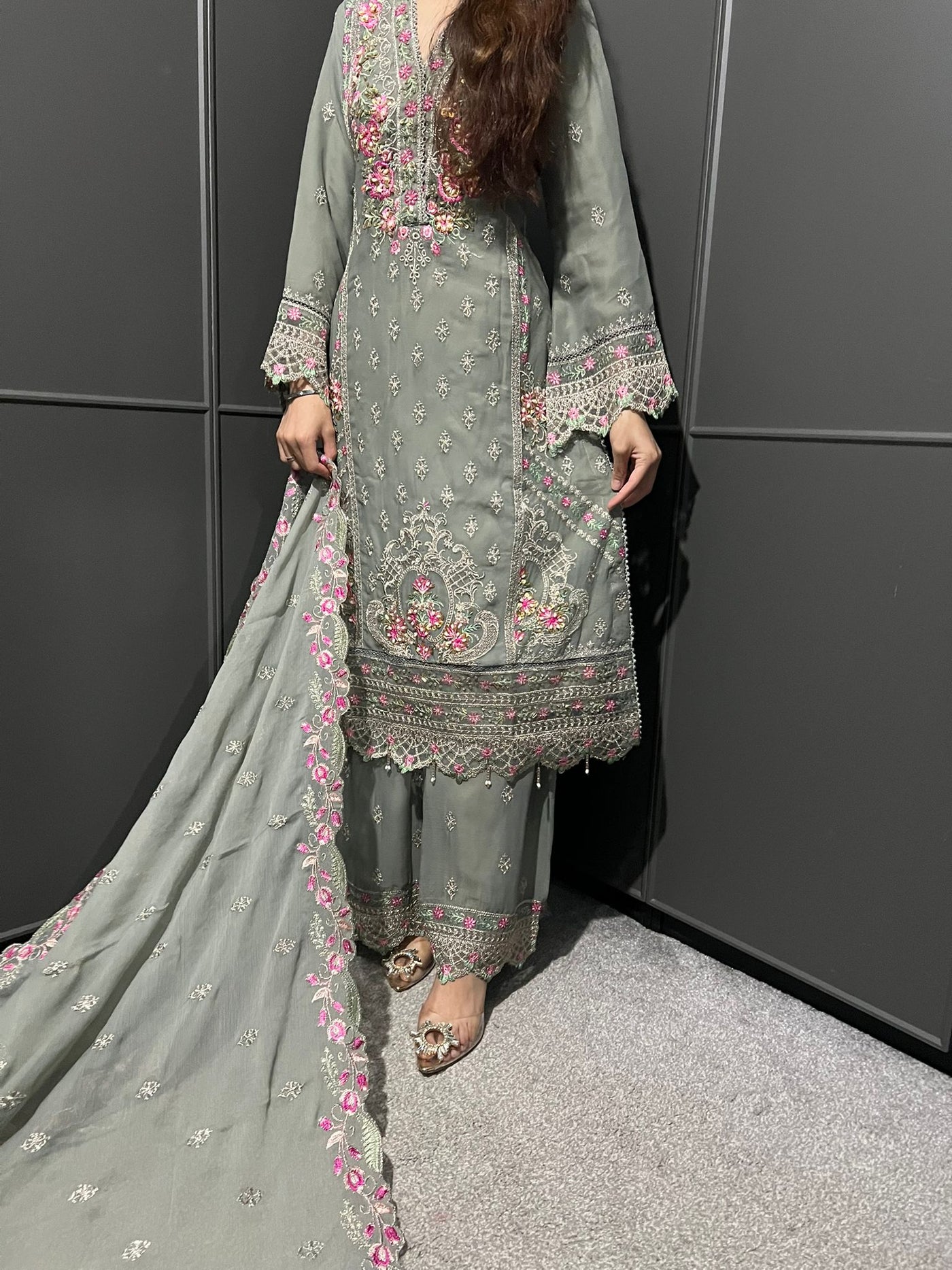 Gray 3Pc Plazzo Embroidered Chiffon Collection With Embroidered Chiffon Dupatta