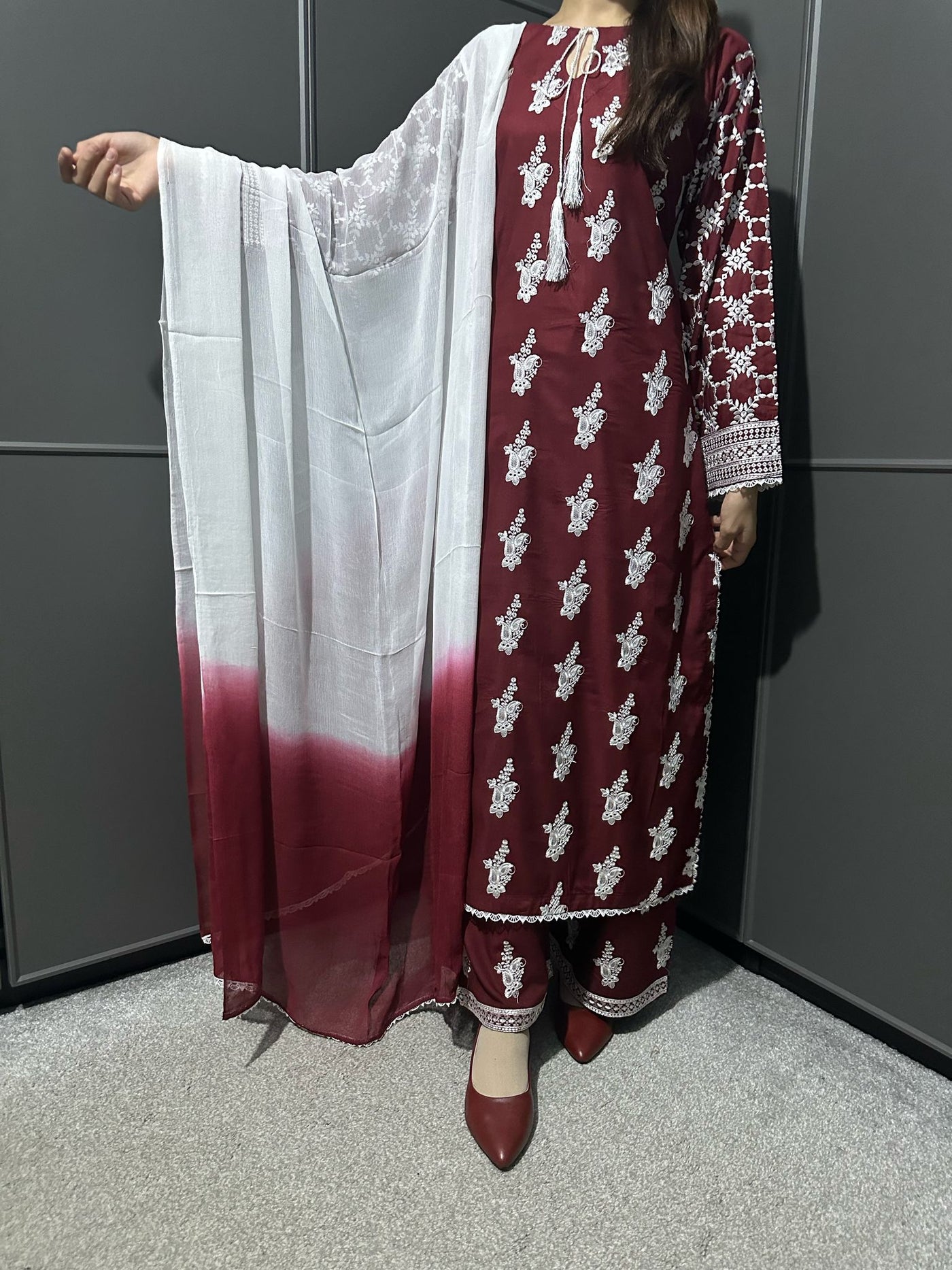 Maroon-Mother & Daughter Embroidered Linen Plazo Collection