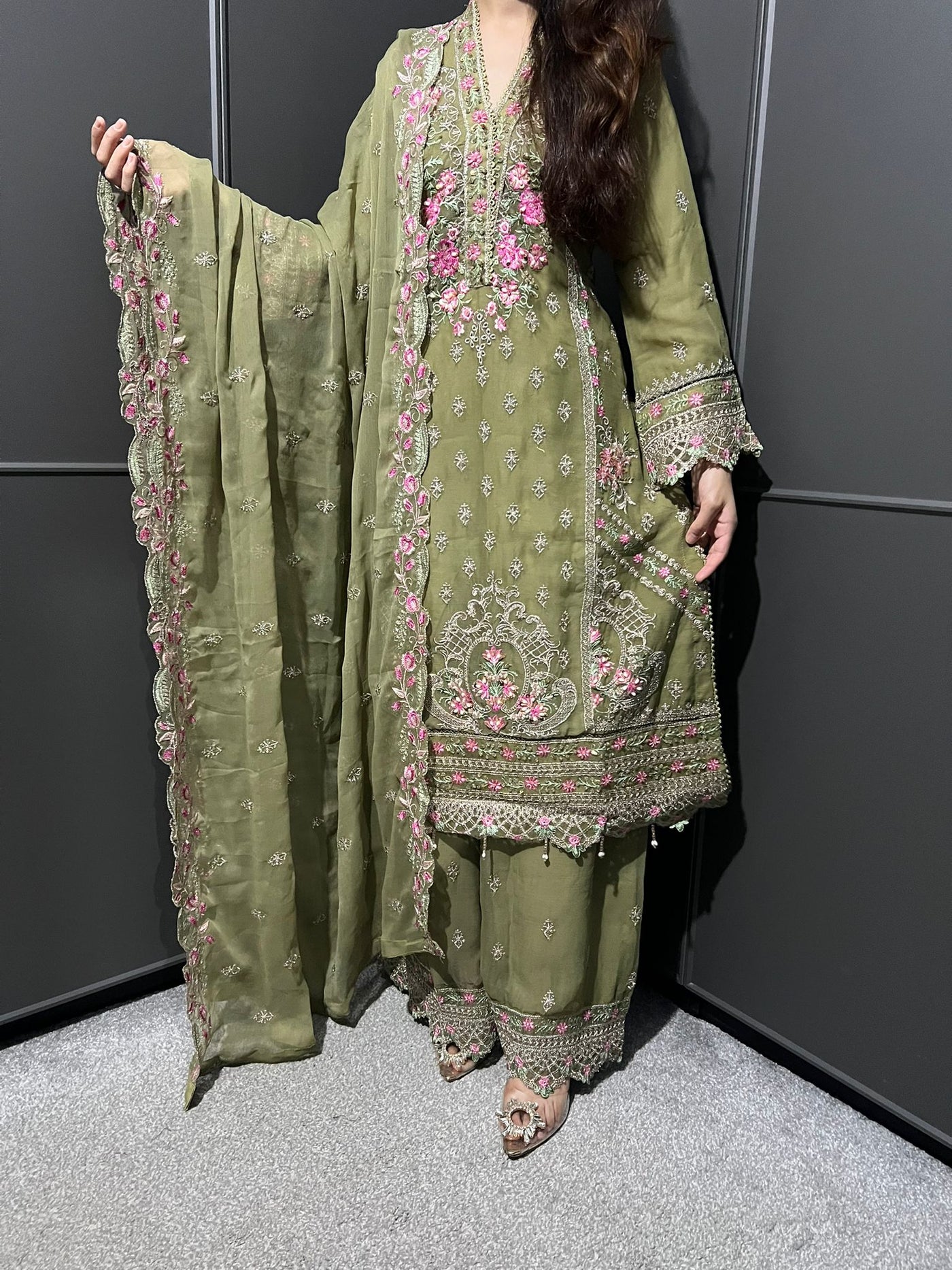 Pista 3Pc Plazzo Embroidered Chiffon Collection With Embroidered Chiffon Dupatta