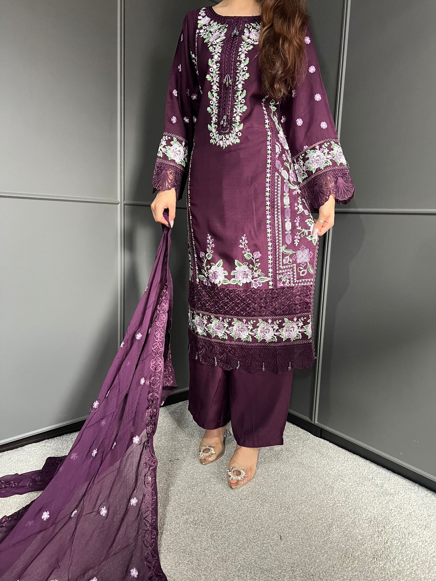 Plum - Viscose Embroidered Plazzo | Suit With Embroidered | Chiffon Dupatta