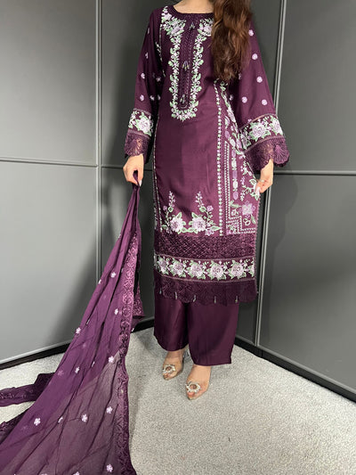 Plum - Viscose Embroidered Plazzo | Suit With Embroidered | Chiffon Dupatta