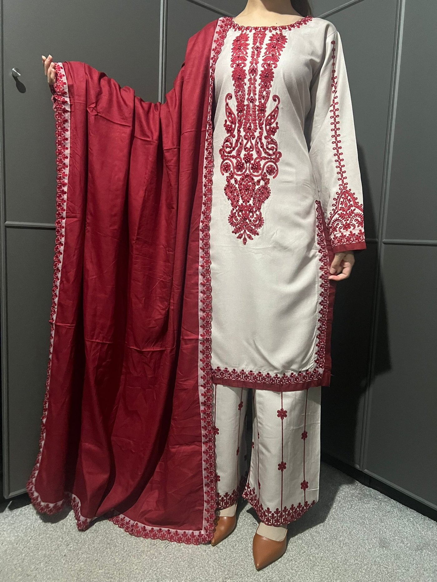 3 Pc Embroidered Dhanak Readymade Plazzo Suit with Winter shawl