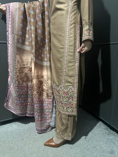 3 Pc Embroidered Dhanak Readymade Plazzo Suit with Winter shawl