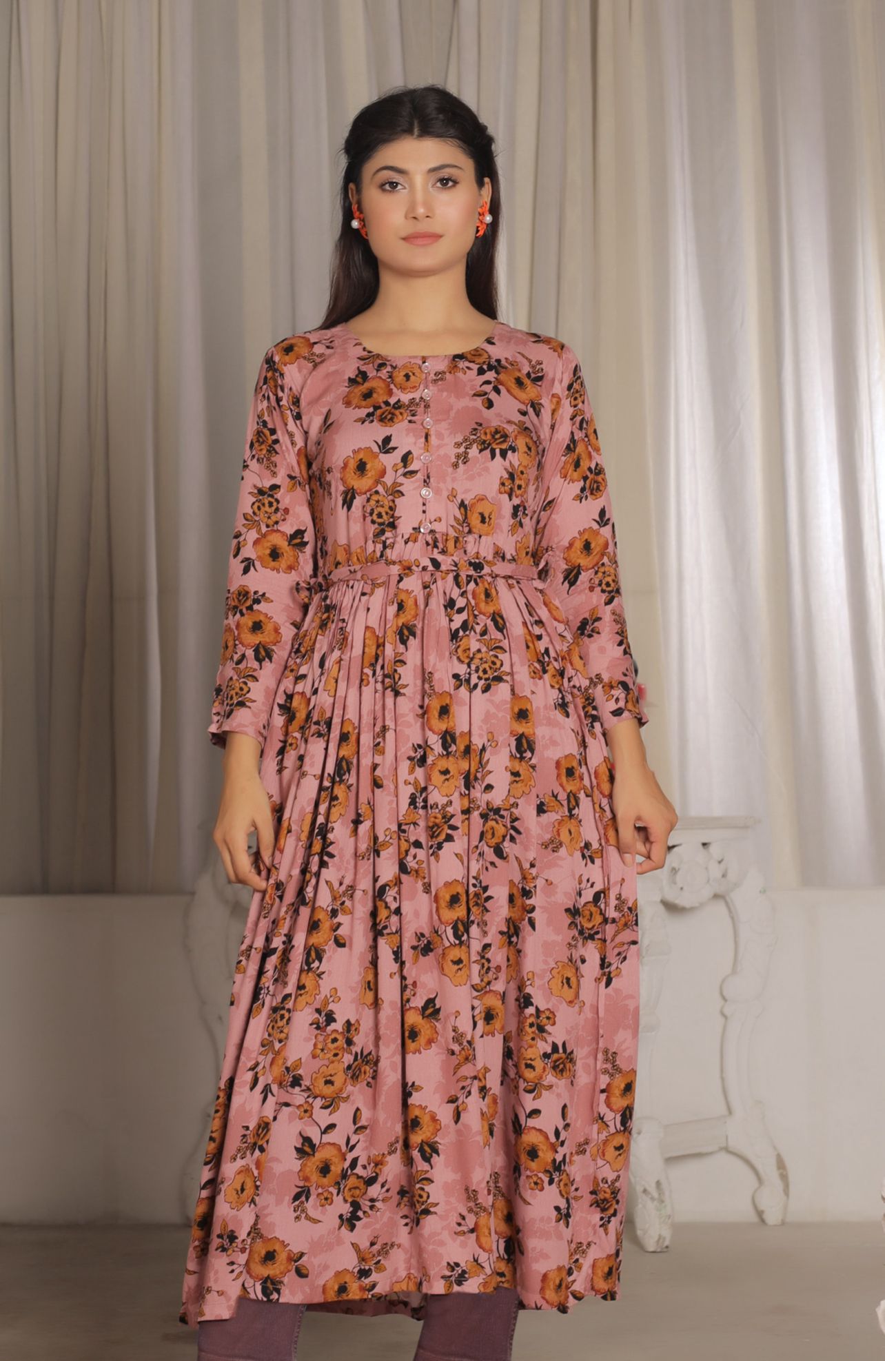 1 Pc Printed  Linen Maxi Dress D-1403