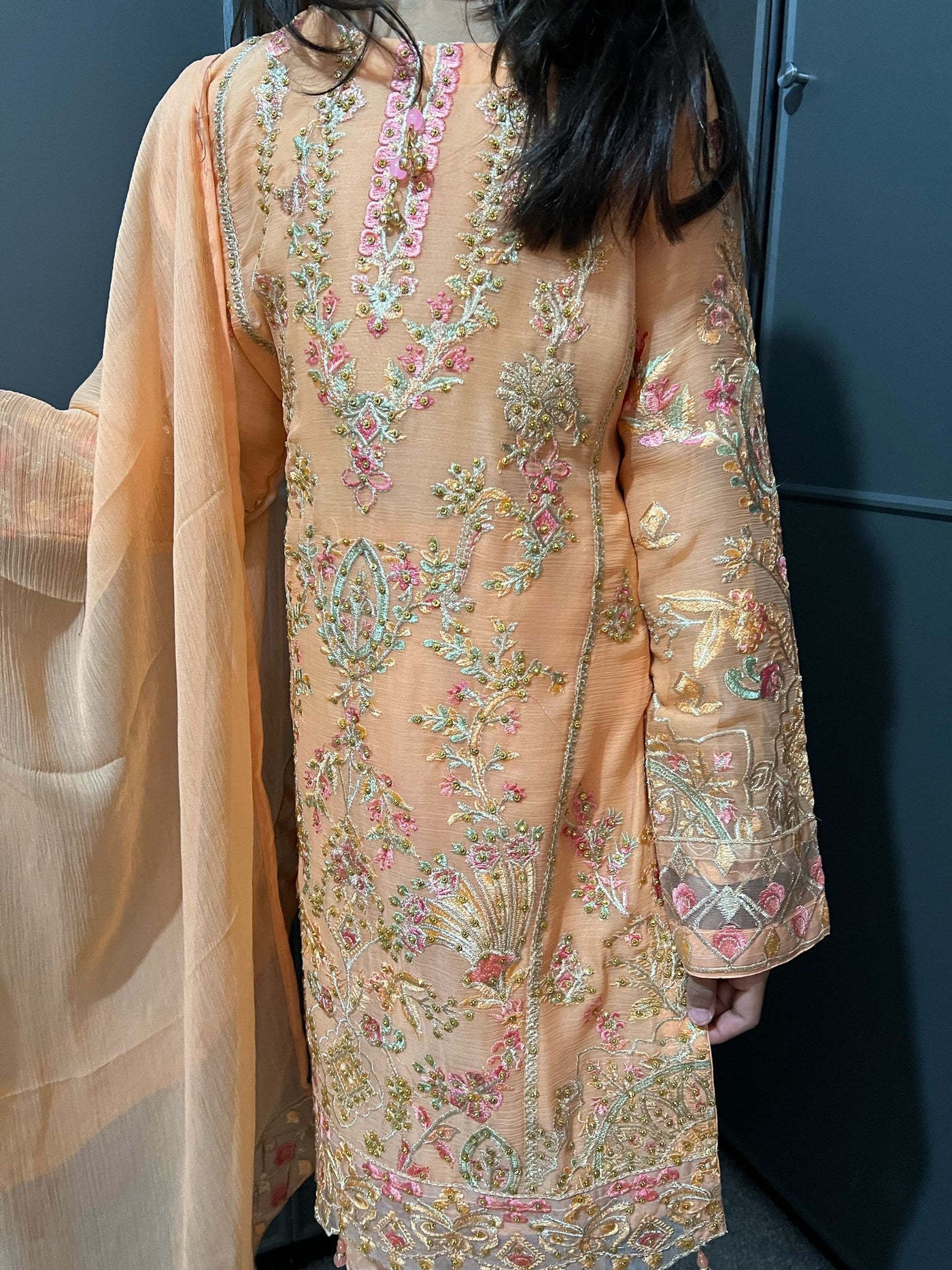 Peach Embroidered Chiffon Mother & Daughter Ready to Wear Collection - Perfect for Family Outfits