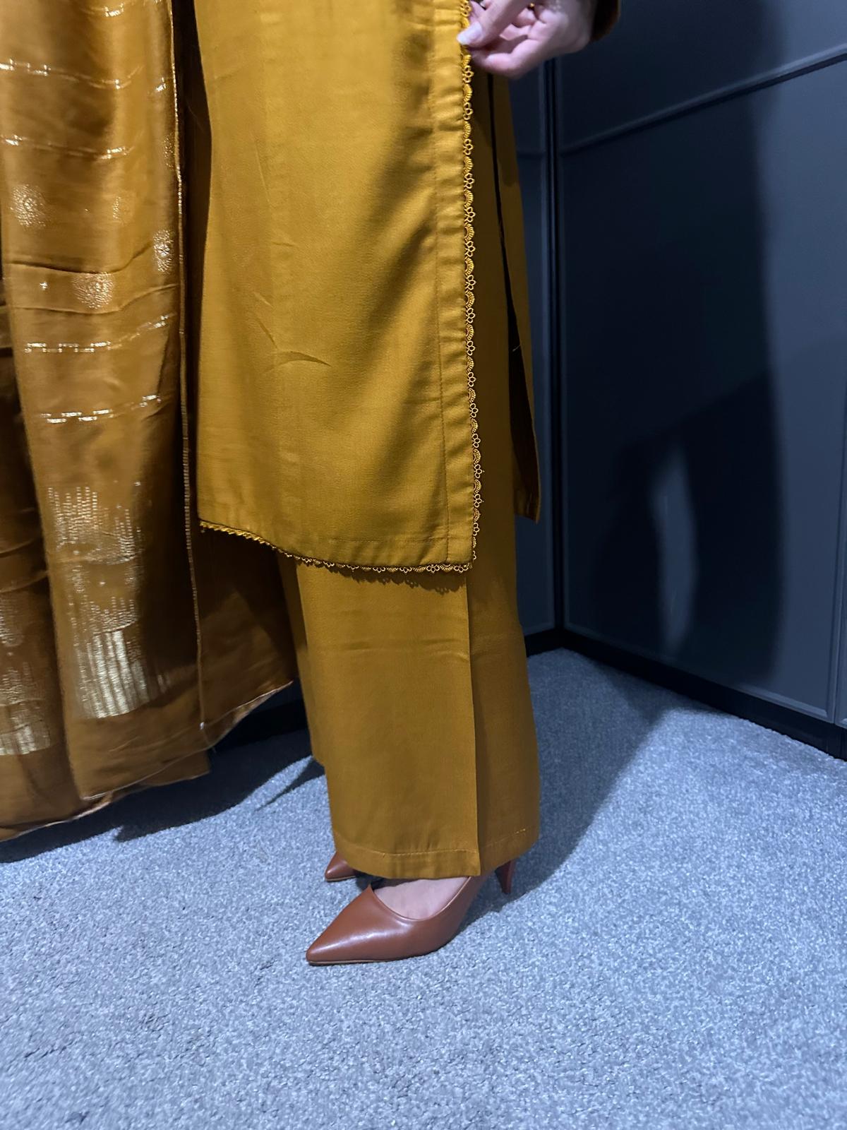 MUSTARD 3 PIECE PLAIN | DHANAK READY TO WEAR | SUIT WITH SHAWAL