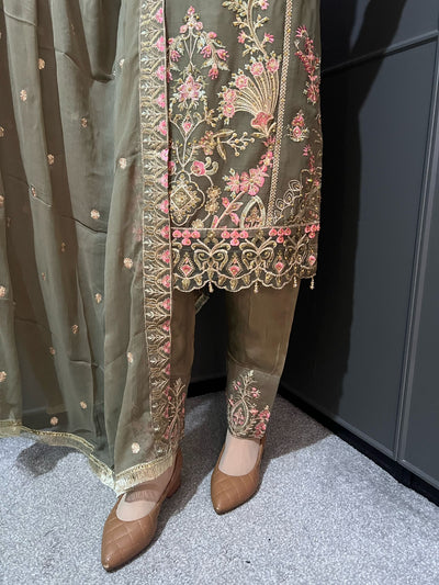 Olive Embroidered Chiffon Mother & Daughter Ready to Wear Collection - Perfect for Family Outfits