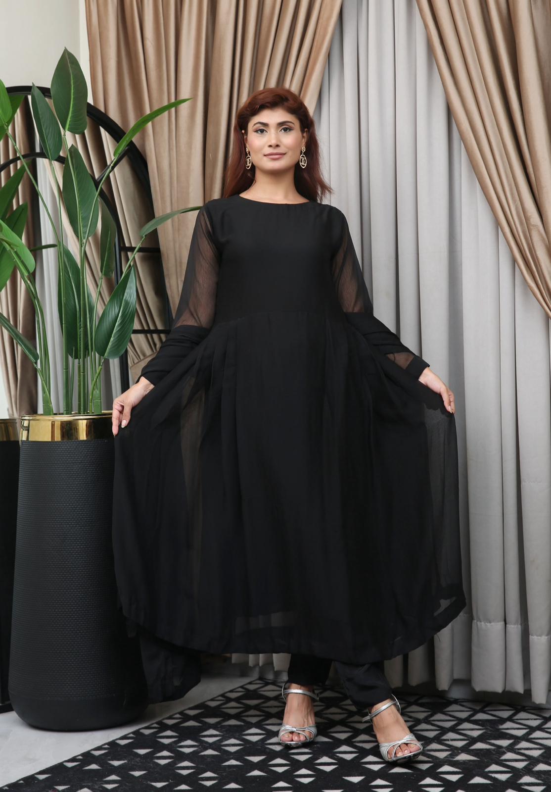 Black Readymade 3 Piece Plain Chiffon Maxi TS-822