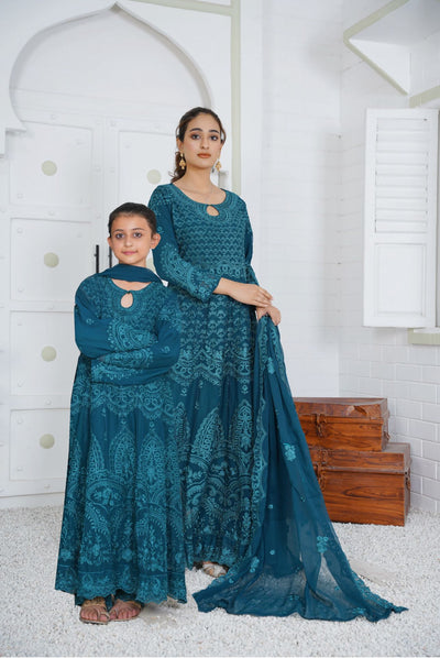 Mother & Daughter Ready to Wear Chiffon Maxi Dress Teal D-307| Shop Pakistani Dresses