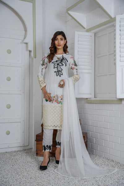 Premium Lawn 3 Piece Outfit With  Chiffon Dupatta White D-4111