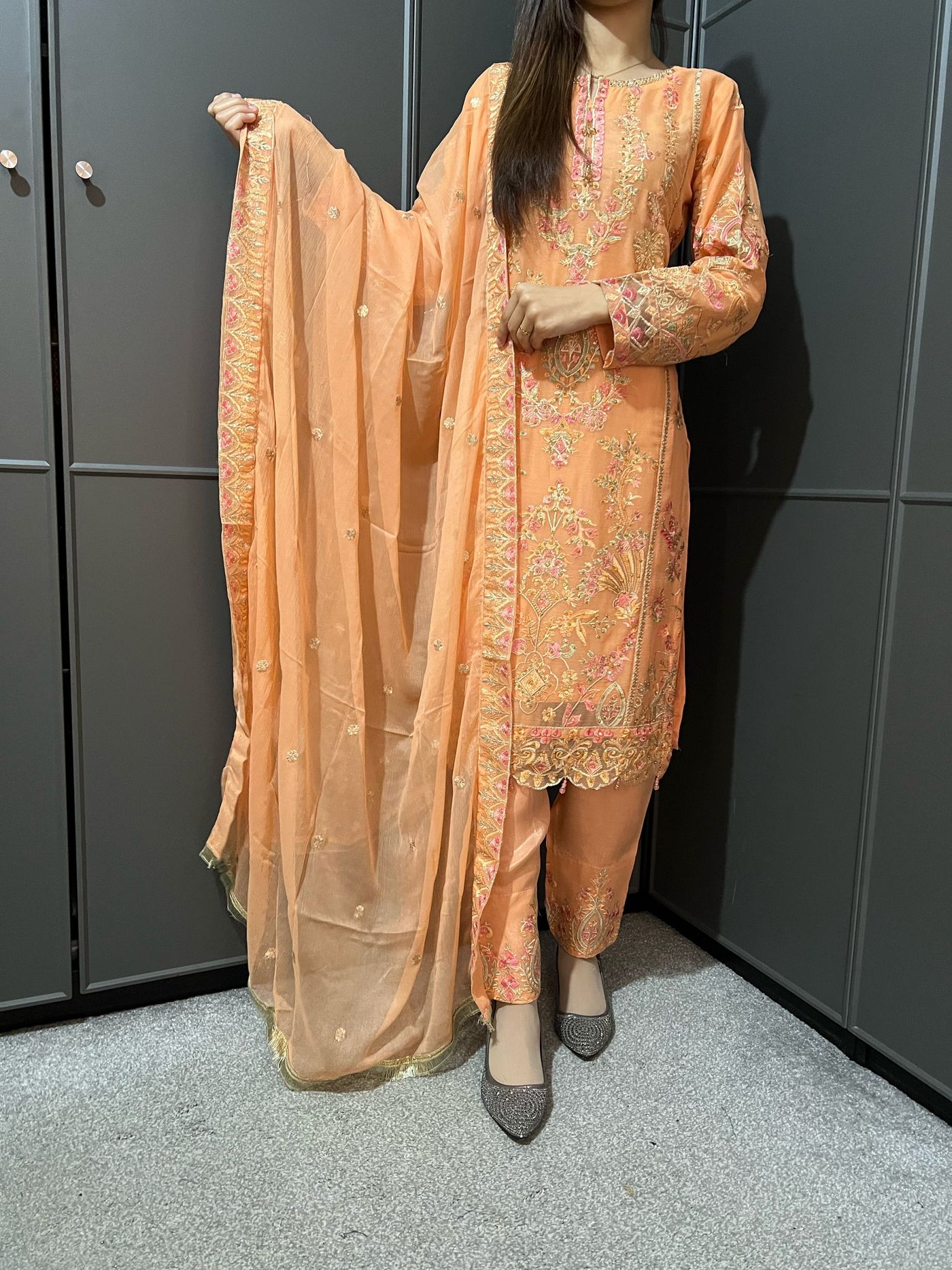 Peach Embroidered Chiffon Mother & Daughter Ready to Wear Collection - Perfect for Family Outfits